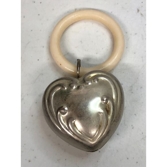 Source Unknown Other - Vintage 1950's Silver Plated Puffy Heart Baby Rattle on Plastic Ring